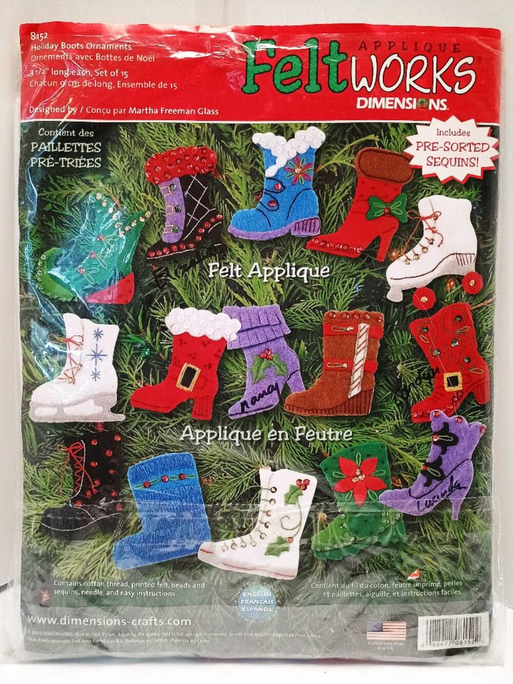 2007 Dimensions Feltworks Applique Kit, 8152 Holiday Boots Ornaments, INCOMPLETE